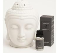 Buddha Oil Burner Ceramic - Aromatherapy Diffuser with 15ml Woodbridge Eucalyptus Essential Oil | White Buddha Head Design | Relaxation, Meditation, Home Fragrance & Gift Set