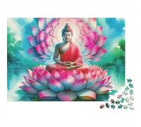 Buddha-Statue 1000 Piece Jigsaw for Adults Buddha Sitting on Giant Pink Lotus Flower Premium Thick Sturdy Vibrant Challenging Hard Stress Relief 38x26cm/1000pcs