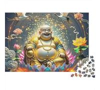 Buddha-Statue 1000pc Jigsaw Puzzle for Adults Laughing Buddha on Lotus with Gold Coins Premium Thick Sturdy Vibrant Challenging Stress Relief Family Game 38x26cm/1000pcs