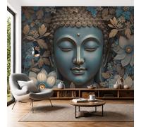 Buddha Statue Blue Lotus Background Wall Mural - 350 × 256 cmZen Buddhist Statues Photo Wallpaper for Bedroom Living Room Playroom Teen Room, 3D Panoramic Custom Wallpaper Wall Art, Dark Blue