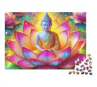 Buddha-Statue Challenging 1000 Piece Jigsaw Puzzle for Adults Buddha Sitting on Pink Lotus with Sparkles Premium Thick Sturdy Vibrant Stress Relief 52x38cm/1000pcs