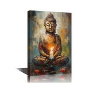 Buddha Statue Holding a Lit Candle Canvas Wall Art Decor for Living Room Buddhist Oil Painting for Bedroom Artwork Home Dector for Room Ready to Hang Lotus Flowers Picture Framed 12"Wx18"Hx1 Panel