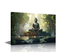Buddha Statue Home Decor Wall Meditating Buddha Canvas Paintings Bedroom Wall Decor Forest Meditating Pictures Posters and Prints Giclee Wooden Framed Gallery-Wrapped Ready to Hang (24"Wx36"H)