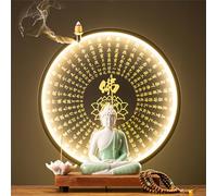 Buddha Statue Lamp with LED Circle Table, 3D Mural Sconce Light, Zen Wall Decor, Hanging Artwork for Living Room and Porch