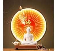 Buddha Statue Lamp with LED Circle Table, 3D Mural Sconce Light, Zen Wall Decor, Hanging Artwork for Living Room and Porch