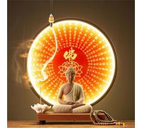 Buddha Statue Lamp with LED Circle Table, 3D Mural Sconce Light, Zen Wall Decor, Hanging Artwork for Living Room and Porch