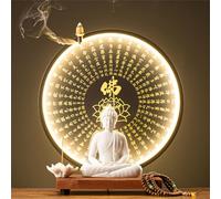 Buddha Statue Lamp with LED Circle Table, 3D Mural Sconce Light, Zen Wall Decor, Hanging Artwork for Living Room and Porch