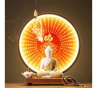 Buddha Statue Lamp with LED Circle Table, 3D Mural Sconce Light, Zen Wall Decor, Hanging Artwork for Living Room and Porch