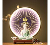 Buddha Statue Lamp with LED Circle Table, 3D Mural Sconce Light, Zen Wall Decor, Hanging Artwork for Living Room and Porch