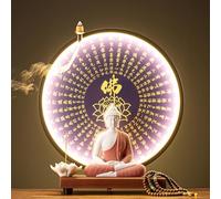Buddha Statue Lamp with LED Circle Table, 3D Mural Sconce Light, Zen Wall Decor, Hanging Artwork for Living Room and Porch