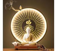 Buddha Statue Lamp with LED Circle Table, 3D Mural Sconce Light, Zen Wall Decor, Hanging Artwork for Living Room and Porch