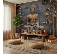 Buddha Statue Lotus Flower Bamboo Wallpaper Wall Mural | Retro Zen Style 3D Effect Wall Decor Silk Poster Wallpaper Bronze Color Walls Covering for Living Room Bedroom TV Backdrop Mural 300x210cm