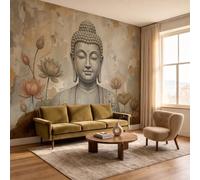 Buddha Statue Lotus Leaf Background Wall Mural - 400 × 280 cmClassical Painted Art Photo Wallpaper for Bedroom Living Room Playroom Teen Room, 3D Panoramic Custom Wallpaper Wall Art, Amber Yellow