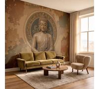 Buddha Statue Lotus Pedestal Photo Wallpaper Panoramic, Retro Relief Buddha Statue Wall Mural Poster 3D Effect - Silk Wallpaper for Living Room Bedroom Office TV Background Decoration, 300 × 210 cm