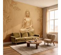 Buddha Statue Pine Branch Auspicious Clouds Photo Wallpaper, Luxury Silk Wall Mural Decor Eastern Aesthetics Relief Wall Sticker for Bedroom, Living Room, Sofa Backdrop Decor 200 × 140 cm, Khaki