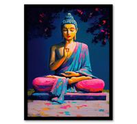 Buddha Statue Pink Blue Buddhism Mindfulness Framed Art Print Artery8 Blue W12 inch x H16 inch