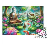 Buddha-Statue Sturdy 1000 Piece Jigsaw Puzzle for Adults Buddha Meditating in Lotus Pond with Koi Fish Premium Thick Vibrant Challenging Stress Relief Game 70x50cm/1000pcs