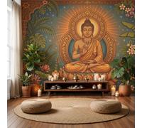 Buddha Statue Tropical Greenery Wallpaper for Living Room Bedrom Decor | Tropical Exotic Style Wall Mural, Orange Wall Art, Silk Photo Wallpaper Waterproof for Sofa TV Background Decor 250x175cm