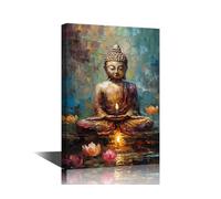 Buddha Statue Wall Art Lotus Flower Picture Prints on Canvas 1 Piece Wall Paintings Candle Wall Decoration for Living Room Bedroom Bathroom Office Framed Ready to Hang (16''Wx 24''H)