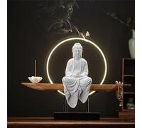 Buddha Statue with Incense Burner and LED Circle, 3D Mural Sconce Lamp, Zen Wall Decor for Living Room and Porch, Hanging Artwork