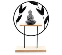 Buddha Tealight Candle Holder Ornament with Wooden Base, Decorative Metal Leaf Circle Stand, Grey Buddha Statue Home Décor, Zen Meditation Gift for Living Room, Bedroom, Shelf & Office