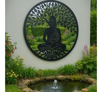 Buddha Tree of Life Metal Wall Art, Black with Acrylic Mirror, 60cm Round Wall Plaque, Handmade Powder Coated Steel, Indoor and Outdoor Garden Decor