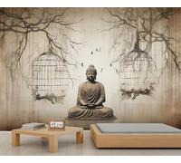 Buddha Wall Mural Indian Buddhist Murals Tranquil Tree and Birdcage Mural Wallpaper Zen Home Decor Mural Retro Wallpaper for Living Room Bedroom 250 x 175 cm