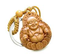 Buddha with Lucky Coins Keychain - Feng Shui Good Luck Charms - Sandal Wood Key Chain Ring - Cute Lucky Charm - Meditation Buddha Amulet - Spiritual Gifts for Yoga Lovers