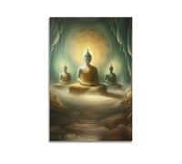 Buddhism Poster Yellow And Green Vintage Painted Three Buddhas Poster Decorative Painting Canvas Wall Posters And Art Picture Print Modern Family Bedroom Decor Posters 12x18inch(30x45cm)