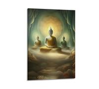 Buddhism Poster Yellow And Green Vintage Painted Three Buddhas Poster Decorative Painting Canvas Wall Posters And Art Picture Print Modern Family Bedroom Decor Posters 12x18inch(30x45cm)