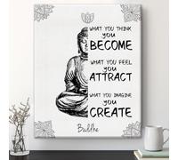 Buddhism Wall Art Decor, What You Think You Become Buddha Meditation Framed Canvas Painting, Spiritual Buddhism Prints Picture for Meditation Room, 8x10 Inch