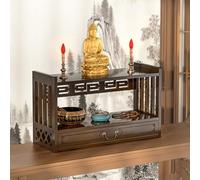 Buddhist Altar 2-Tier Bamboo Puja Table with Drawer for Meditation and Rituals, Small Size, Suitable for Buddha Statues (Natural Finish, 42cm/16.5'')