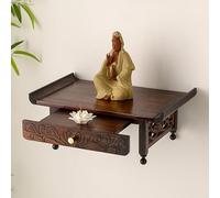 Buddhist Altar Table with Storage Pooja Cabinet, Compact Design for Small Spaces, Features Storage Tier and Auspicious Carving