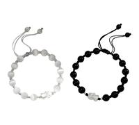 Buddhist Charm, 925 Silver Couple Bracelets With Pi Xiu, Black Agate, Cat'S Eye Stone, Black And White Beaded Design, Adjustable Cord, Gift Box Included
