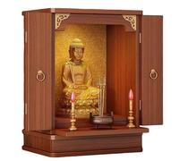 Buddhist Shrine Cabinet with Foldable Doors, Wall Mounted Buddha Altar with Telescopic Tray & Golden Backdrop, Heavy-Duty Pooja Worship Cabinet, Meditation Altar Table Buddha Statue Stand