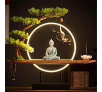 Buddhist Statue Wall Light, 3D Mural Sconce Lamp Zen Decor for Living Room, LED Circle Table with Artificial Tree, Buddha Figure Wall Art Hanging Artwork