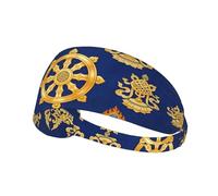 Buddhist Symbols on Blue Print Sweat Band - Non Slip Wide Elastic Exercise Headband for Running Workout