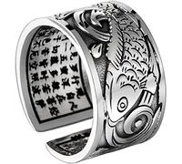 Buddhistic Heart Sutra Rings, 999 Pure Silver Koi Fish Pattern Open Ring for Men Jewelry