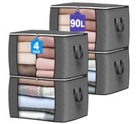 Budding Joy 90L Storage Bags, Large Clothes Storage Boxes with Zips Grey | Durable Handles & Thick Fabric, Ideal for Bedding, Blankets, Comforters, Space-saving Clothes Storage Boxes for Home 4 Pack
