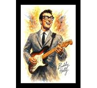 Buddy Holly Autographed Splash Art Watercolour Print. (A4 FRAMED)