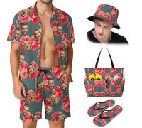 Budelym Personalized Men's Hawaiian Shirts and Shorts Set, Summer Travel Set/Funny Button Down Tropical Floral Beach Set, with Beach Bag/Bucket hat/Flip-Flops