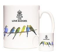 Budgerigar Mug, Keep Calm and Love Budgies. 11oz Ceramic Gift Mug Featuring Budgies. Gift for Budgie Keepers and Breeders.