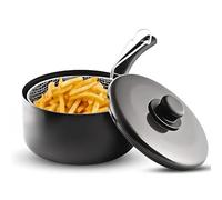 BudgetBuy Chip Pan with Basket - Durable Non Stick Deep Fryer Saucepan - Heavy Duty Large Pan with Plastic Handles and Lid for Cooking, Potato Chips, Kitchen (Black, 20 cm)
