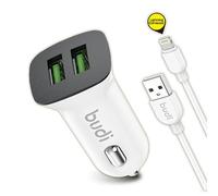 Budi 1-Port USB Car Charger with Type-C Cable - 5V 2.4A Output, White, 1m Cable Length