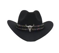 budiniao Cowboy Hat With Metal Bull Head Breathable Cashmere Retro Strap Western Outback Cowboy Hat New Unisex Big Eaves Hat, black