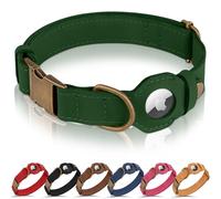 BUDKAS AirTag Dog Collar - Genuine Leather Dog Collar with Apple AirTag Holder and Metal Buckle - Smart GPS Tracking Pet Collars for Small Medium Large Dogs Puppy (Dark Green, M, 14"-18" Neck Fit)