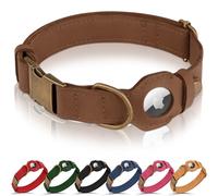 BUDKAS AirTag Dog Collar - Genuine Leather Dog Collar with Apple AirTag Holder and Metal Buckle - Smart GPS Tracking Pet Collars for Small Medium Large Dogs Puppy (Tawny, XS, 9"-12" Neck Fit)