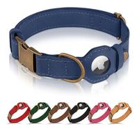 BUDKAS AirTag Dog Collar - Genuine Leather Dog Collar with Apple AirTag Holder and Metal Buckle - Smart GPS Tracking Pet Collars for Small Medium Large Dogs Puppy (Smoky Blue, S, 12"-15" Neck Fit)