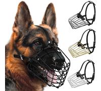BUDKAS German Shepherd Dog Muzzle Metal Basket for Medium Large Dogs Adjustable Durable Leather Straps Secure Wire Mask for Biting Chewing Barking (Black, L - Size)