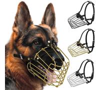 BUDKAS German Shepherd Dog Muzzle Metal Basket for Medium Large Dogs Adjustable Durable Leather Straps Secure Wire Mask for Biting Chewing Barking (Gold, M - Size)